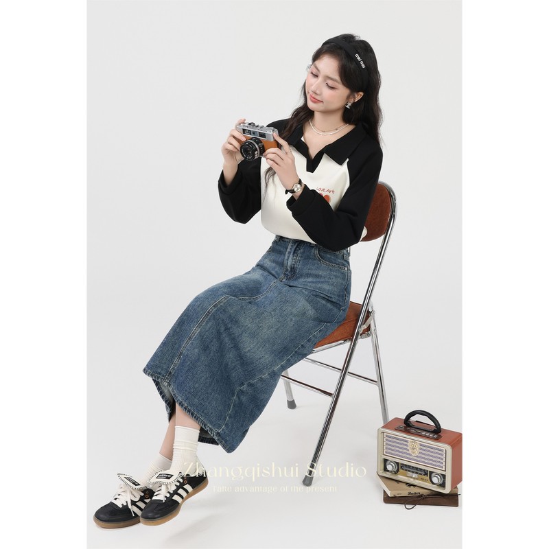 张汽水2025秋季新款黑色polo短款t恤卫衣女小众拼接撞色长袖上衣|undefined