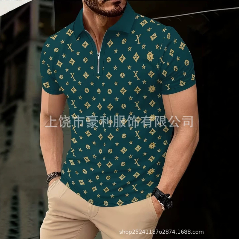 Men's Black and Gray Honeycomb Camouflage American Flag 3D Digital Print Casual Lapel Button Short-Sleeved Polo Shirt Men's Clothing