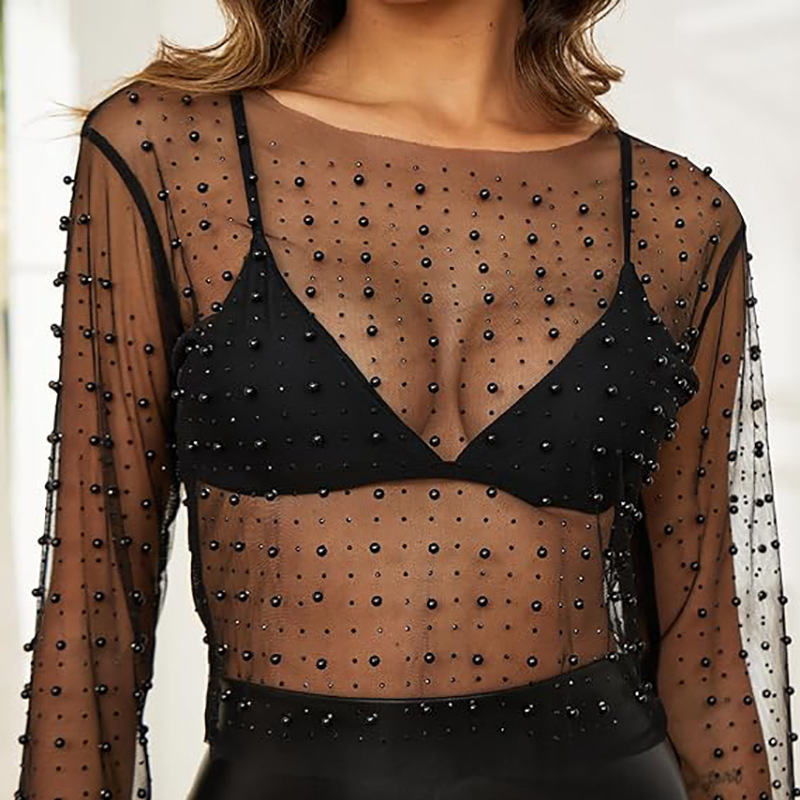 2026 Aliexpress Amazon Spring/Summer New Rhinestone Pearl Top Elastic Round Neck Mesh Slimming Heavy Embellishment Transparent 2026 Aliexpress Amazon Spring/Summer New Rhinestone Pearl Top Elastic Round Neck Mesh Slimming Heavy Embellishment Transparent