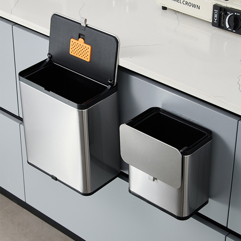 Stainless steel square wall-mounted trash can for kitchen, no need to bend over, with lid, large capacity household trash can Stainless steel square wall-mounted trash can for kitchen, no need to bend over, with lid, large capacity household trash can