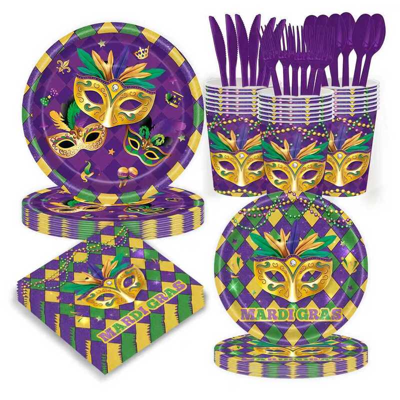 New Mardi Gras Themed Party Tableware Set Gold Mask Decoration Disposable Party Paper Plate Tissue Paper Cup New Mardi Gras Themed Party Tableware Set Gold Mask Decoration Disposable Party Paper Plate Tissue Paper Cup