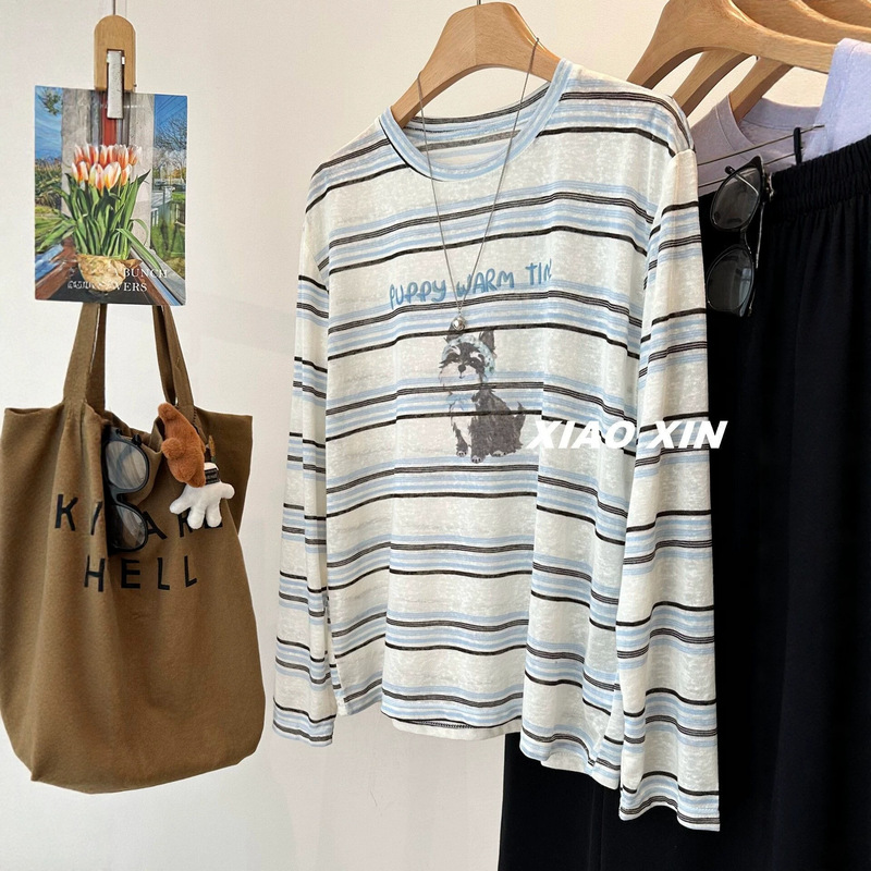 Original Fabric Large Size 120kg ~ Cute Puppy Print Light Blue Striped Sun Protection Long-Sleeve T-Shirt for Women Loose Fit Cover-Up Shirt
