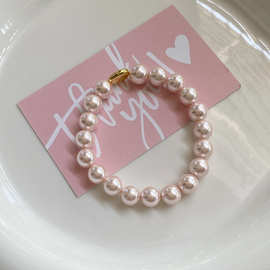 樱花粉深海水贝壳珍珠手链弹力高级感气质仿爱迪生14k包金巴批发