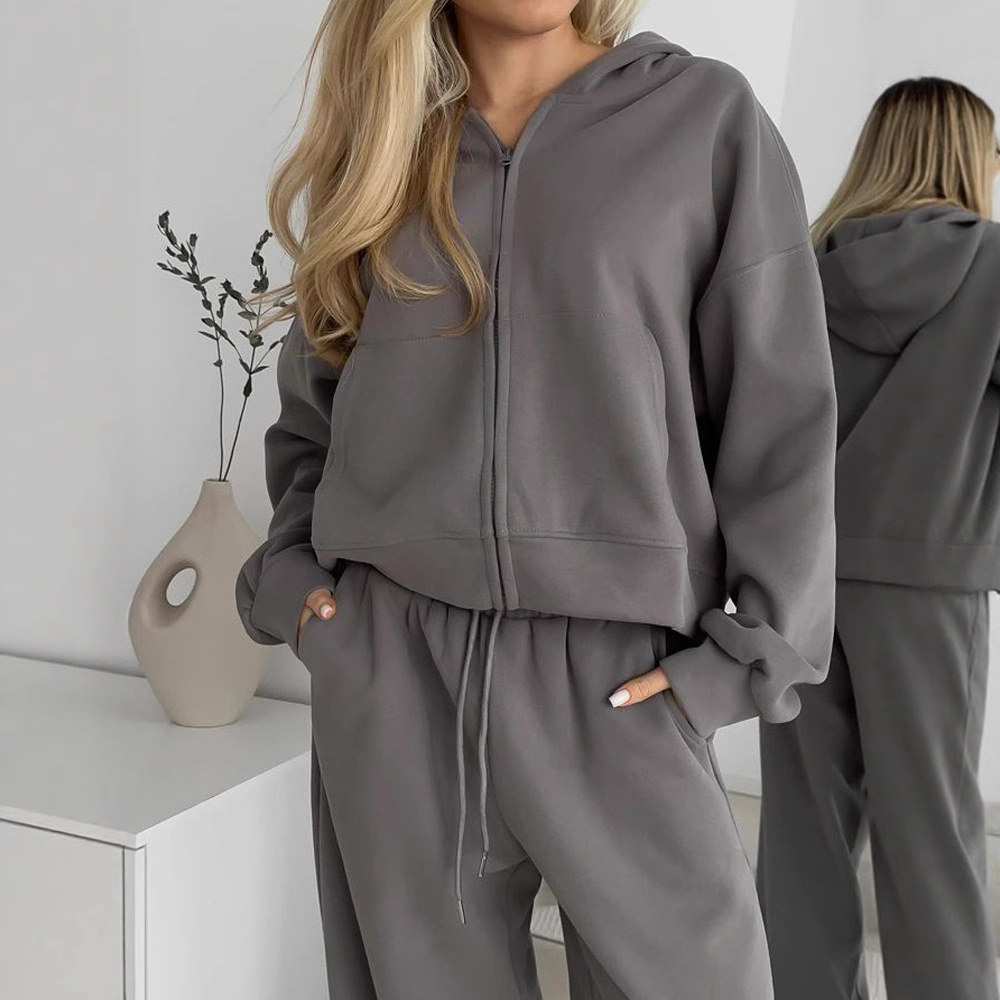 Cross-border Trade AliExpress Women's New Zipper Hooded Sports Cardigan Lace-up Pants Two-piece Casual suit