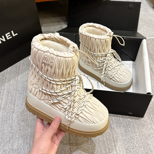 Fashion Pleated Thick Bottom Snow Boots 2024 Women's Winter New All-match Cotton Shoes Non-slip Thickened Warm Strap Ankle Boots