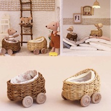 纯手工藤编迷你婴儿推车BJD娃娃手推车微缩小推车手工编织婴儿车