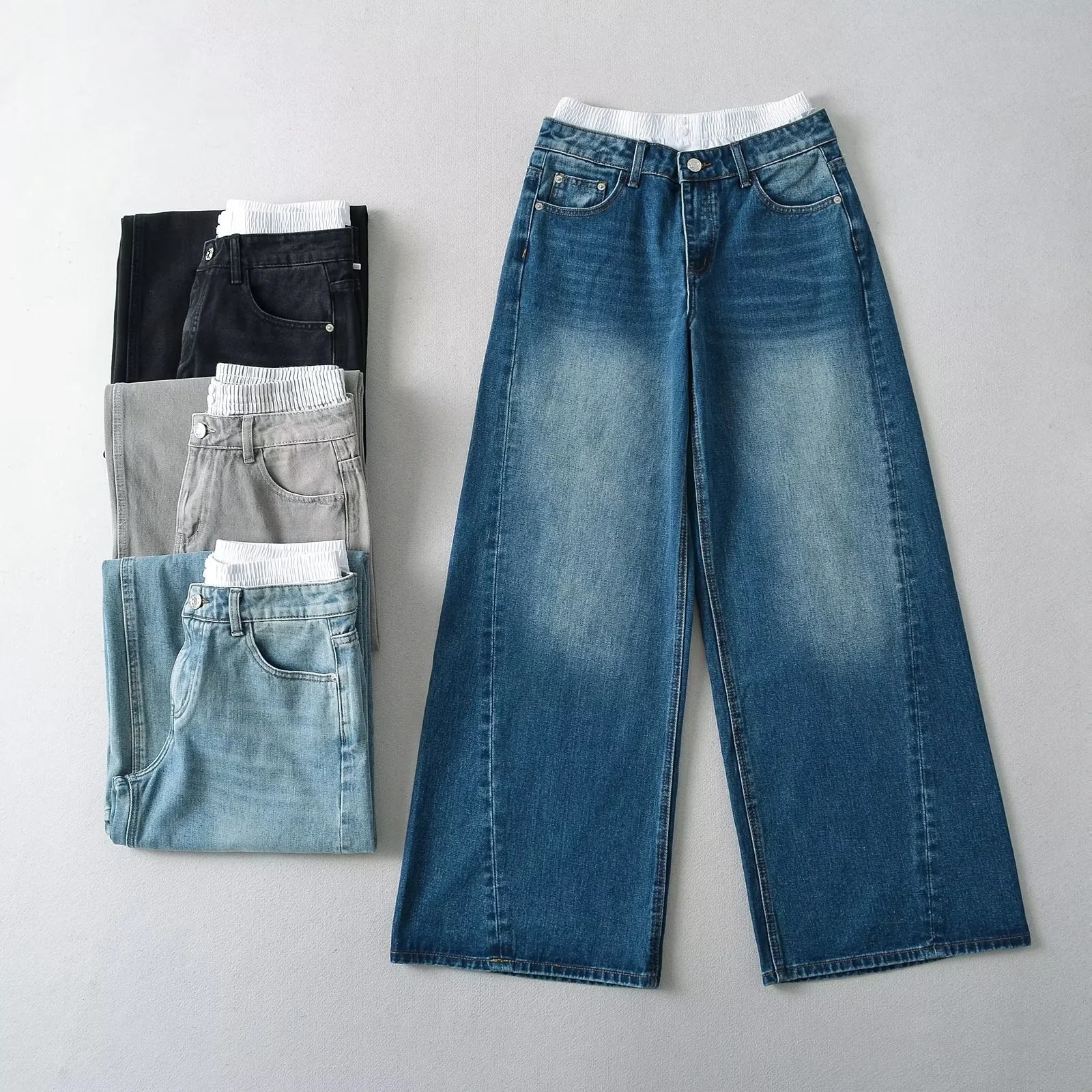 American Retro Simple Versatile Spliced Waist Straight Jeans for Women Loose Slimming Look Casual Wide Leg Pants Floor-Length Pants