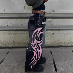 クロスボーダー ジェイド・ロンドン アメリカンレトロ柄プリントデニムパンツ レディース ゆったり Y2K ヒップホップ ワイドレッグパンツ