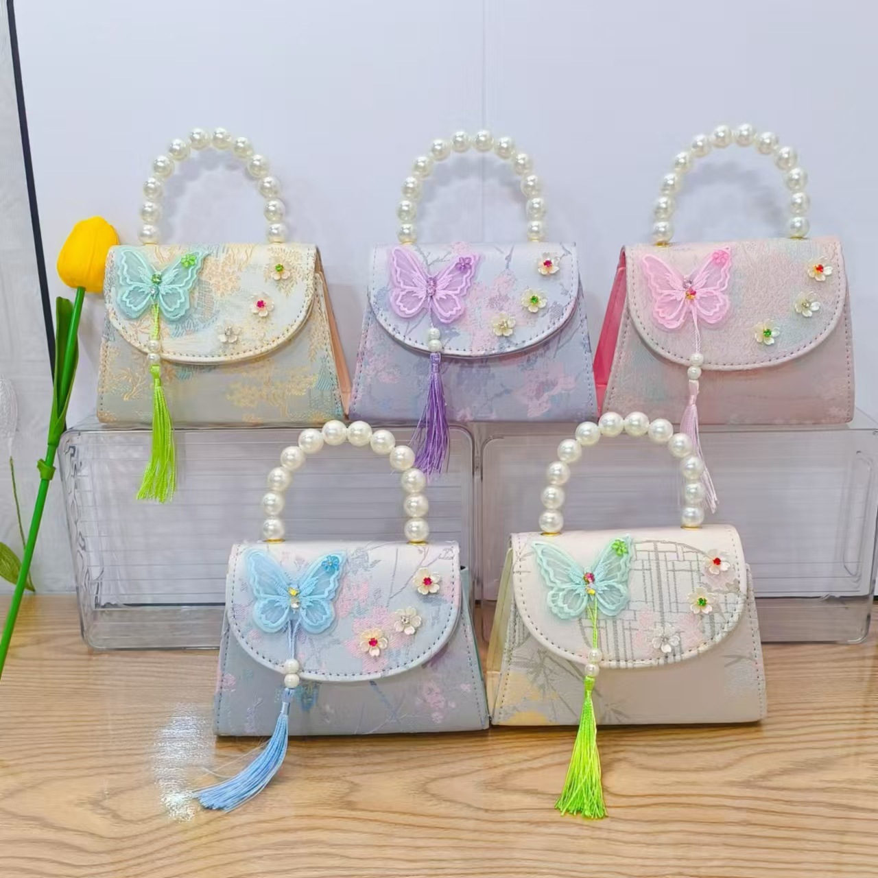 Bolso de princesa con lazo de estilo chino, bolso de hombro con borla de perlas, regalo del día del niño para niñas, bolso de accesorios Hanfu