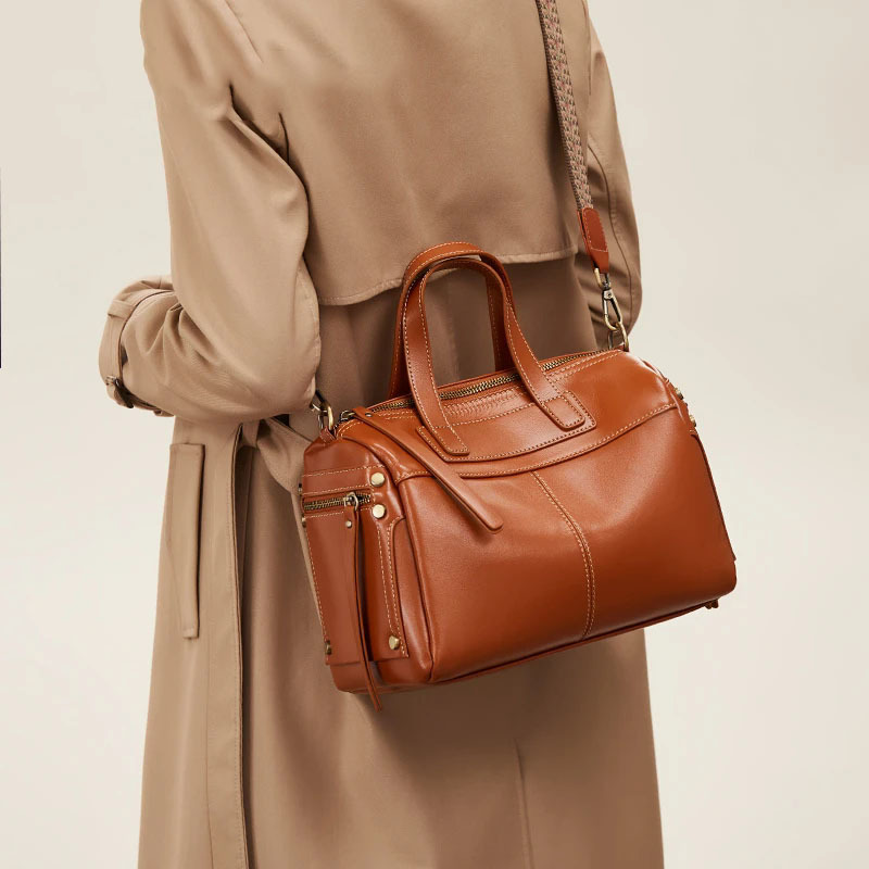 Genuine Leather Bag 2026 New Fashion Large Capacity Commuter Handbag Boston Shoulder Crossbody Bag Casual Women's Bag - Thumbnail 4