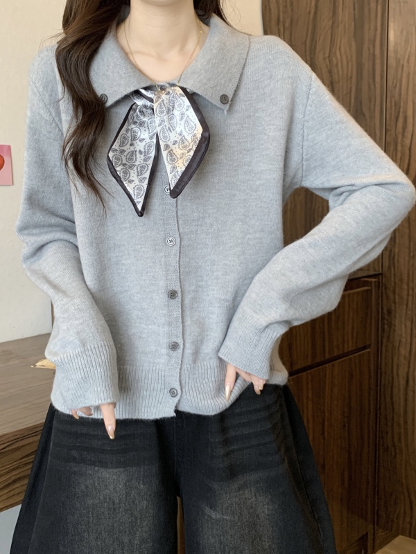 高级感大码胖mm丝巾翻领长袖毛衣女装秋季2025新款遮肚针织上衣|undefined