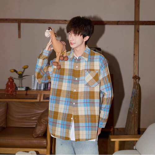 Japanese khaki plaid shirt, outerwear couple's Hong Kong-style chic loose casual couple's collared shirt
