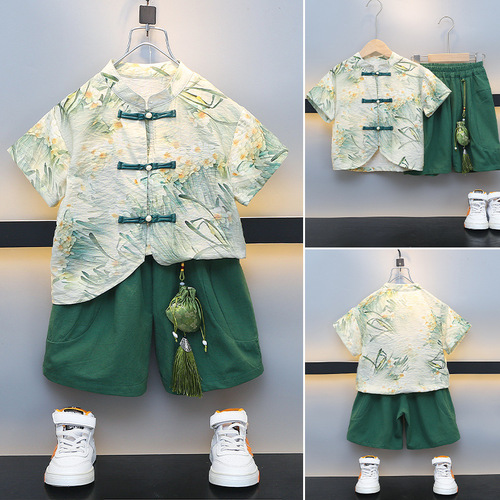Children's Summer Thin Hanfu Chinese Style Traditional Costume Tangzhuang Birthday Party Outfit for Little Boys