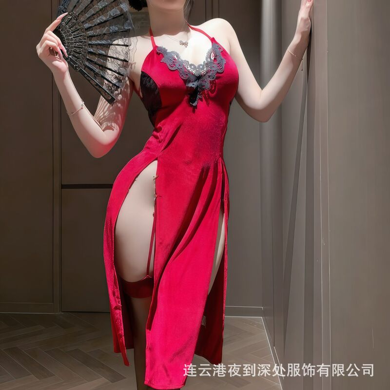 Deep into the Night, Hot Deep V Velvet Nightgown, Sexy Lingerie, Sexy Pure Desire, High Slit Long Skirt, Revealing Buttocks, No Need to Take Off