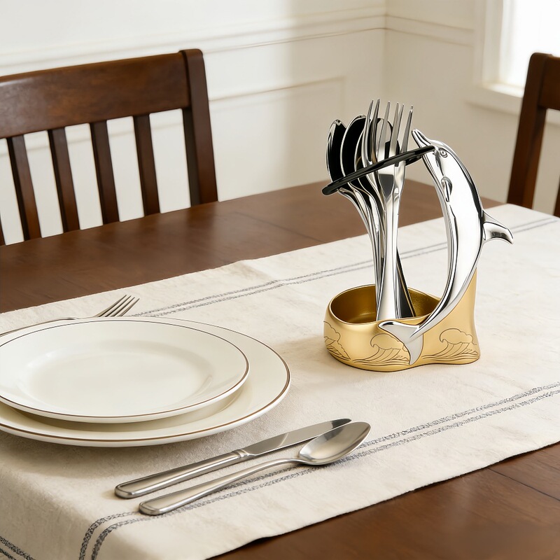 Creative Dolphin Cutlery Holder Tableware Desktop Storage Stainless Steel Fruit Fork Coffee Spoon Set Kitchen Hotel Decoration
