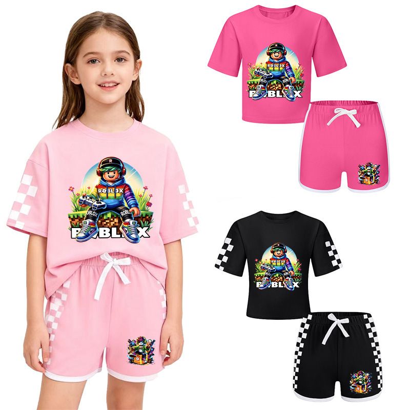 Roblox boys' and girls' children's T-shirt + shorts printed sports pajamas Roblox boys' and girls' children's T-shirt + shorts printed sports pajamas