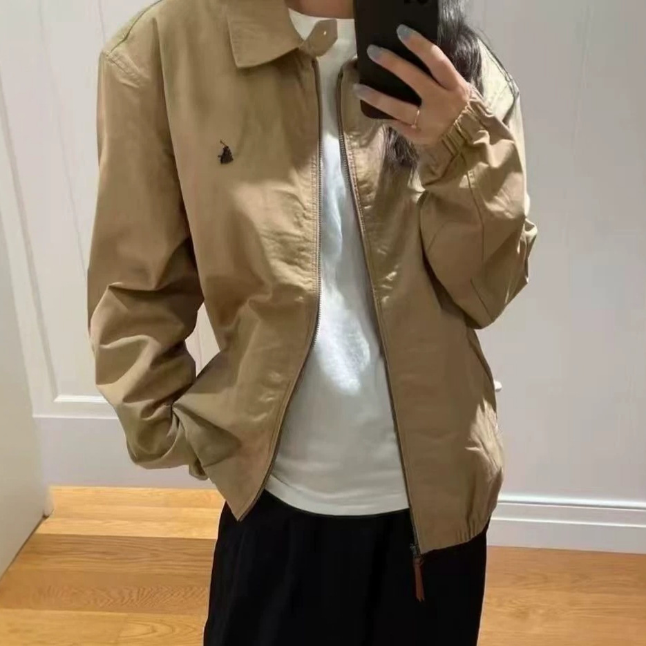 RL拉夫小马标春秋复古老干部翻领夹克刺绣拉链外套女时尚经典款