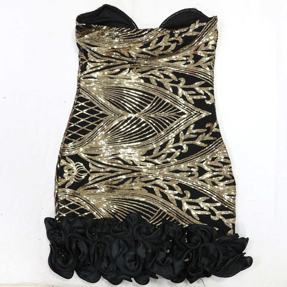 Sexy Women Clothing Tube Top V neck Sequ Flounce Dress