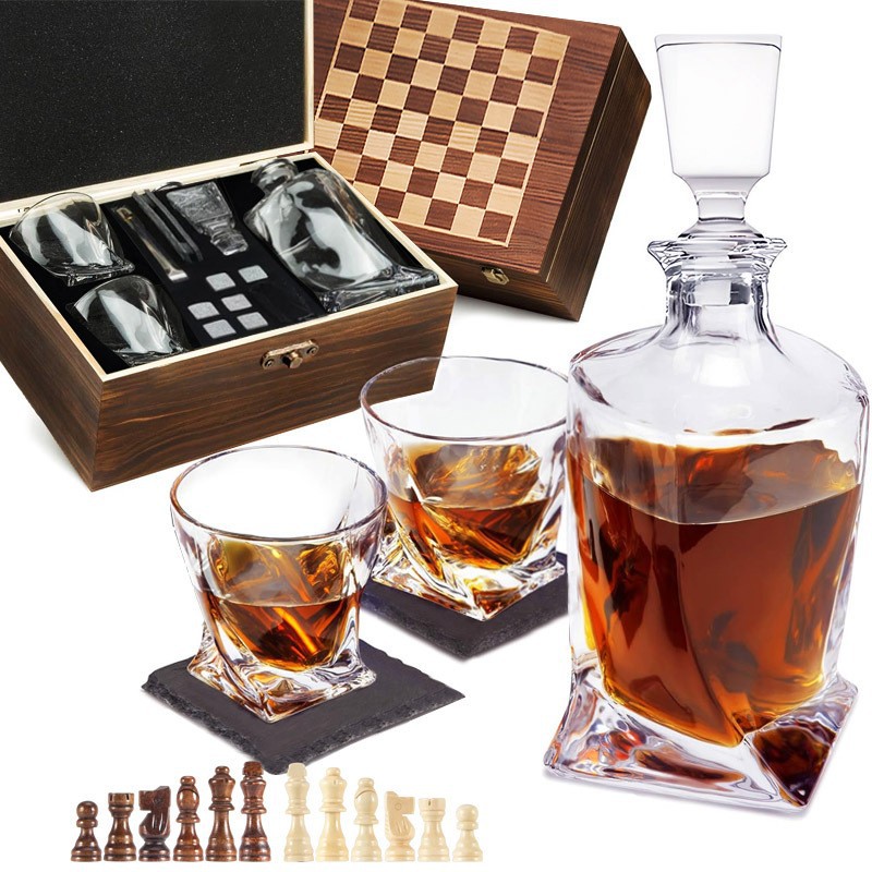 체커보드 나무 상자 트위스트 병 1병 2컵 세트