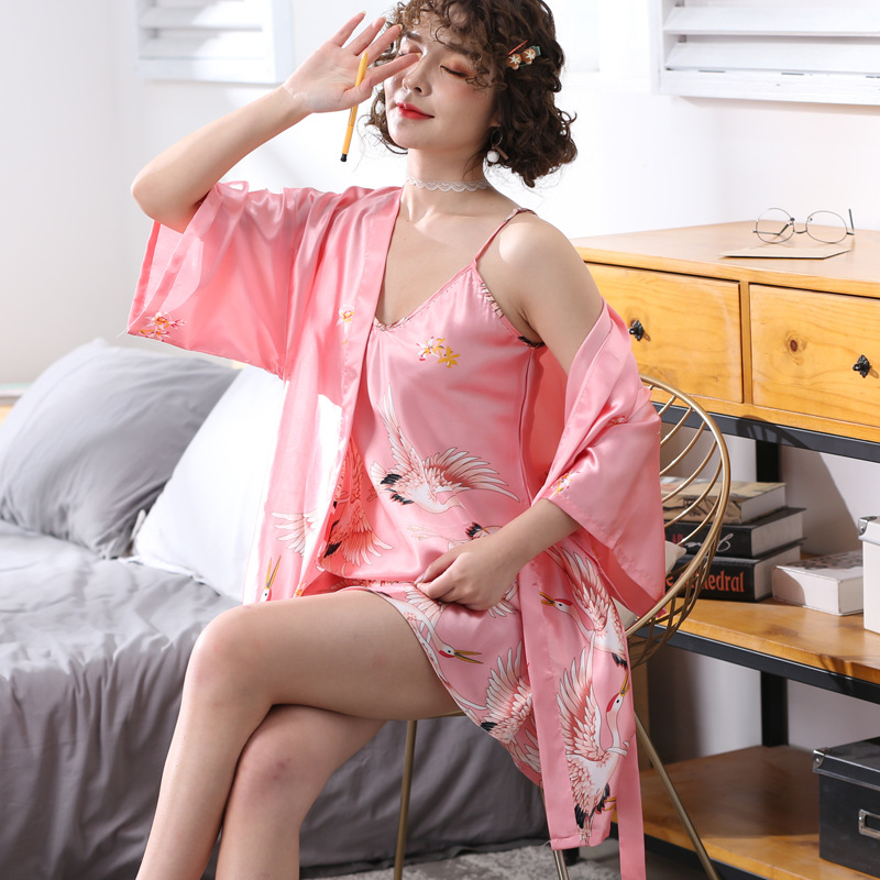 국경을 넘은 크레인 나이트가운 여성 여름 파자마 섹시한 신부 들러리 신부 모닝 가운 웨딩 시뮬레이션 실크 나이트가운 목욕가운