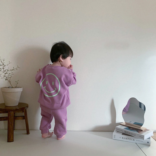 Korean Children's Apparel 2024 Spring and Autumn Boys and Girls Smiling Sweatshirt Set Baby Sports Sweatpants Two-Piece School Uniform Trendy