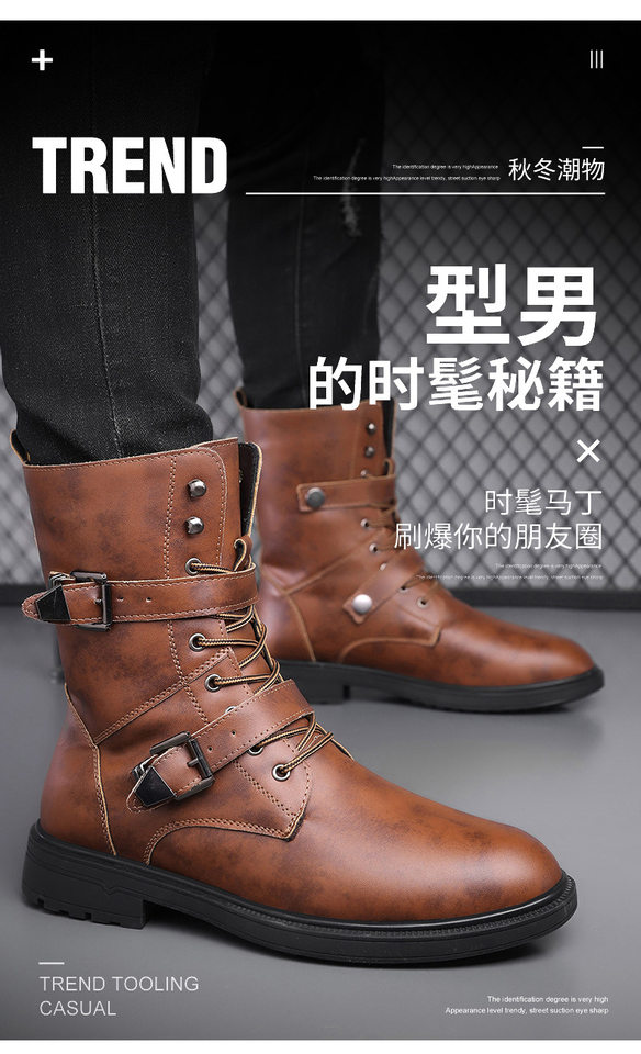 Bốt Martin nam cổ cao da bò hai lớp, mũi tròn, đế cao su chống trượt, gót thấp 1–3 cm — Màu nâu lót bông, Màu nâu lót da, Màu đen lót bông, Màu đen lót da chi tiết 4