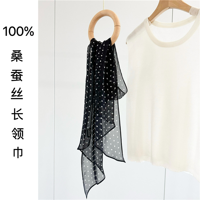 french hepburn style mulberry silk summer vacation georgette retro dots diagonal silk scarf female western style all-matching scarf