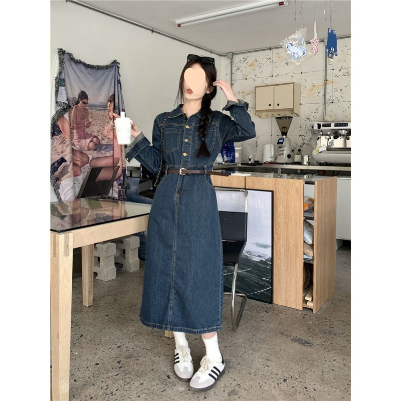 收腰显瘦长袖牛仔连衣裙女春秋2025新款韩系风复古气质中长款裙子|undefined