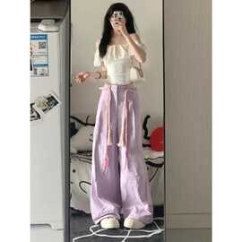 多巴胺紫色牛仔裤夏季新款小众设计高腰宽松直筒阔腿裤女式牛仔裤