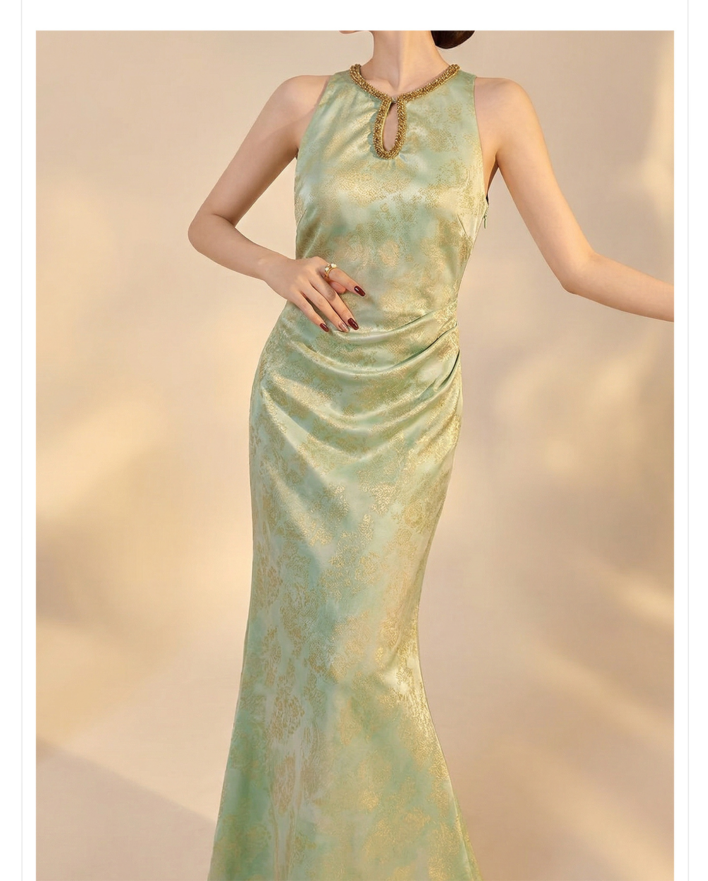 Váy sườn xám đính hôn thời trang nữ mùa hè mới nhất, váy dạ hội kiểu Trung Quốc mới — màu hồng, xanh lá cây chi tiết 8