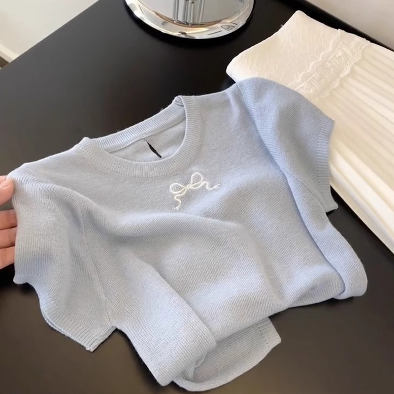 ブルーリボン刺繍薄手ニット半袖Tシャツレディース2025夏新作中空ショルダートップ|undefined
