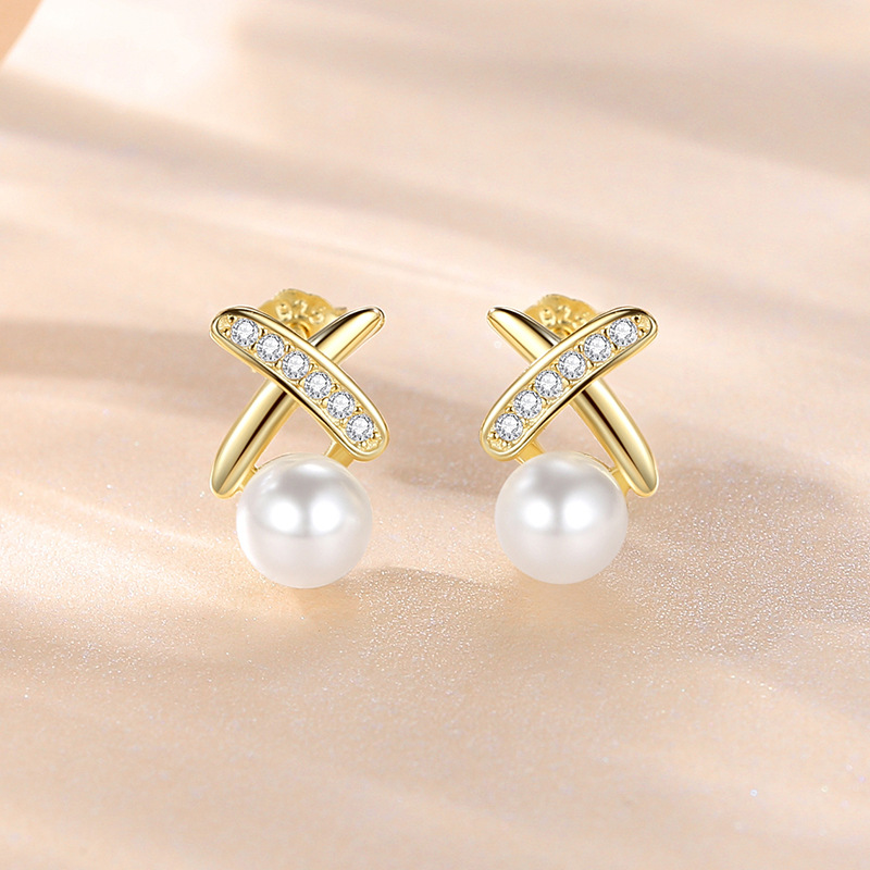 S925 pendientes de plata de ley pendientes de moda cruz pendientes francés estilo chanel letra X diseño femenino ins pendientes de alta calidad