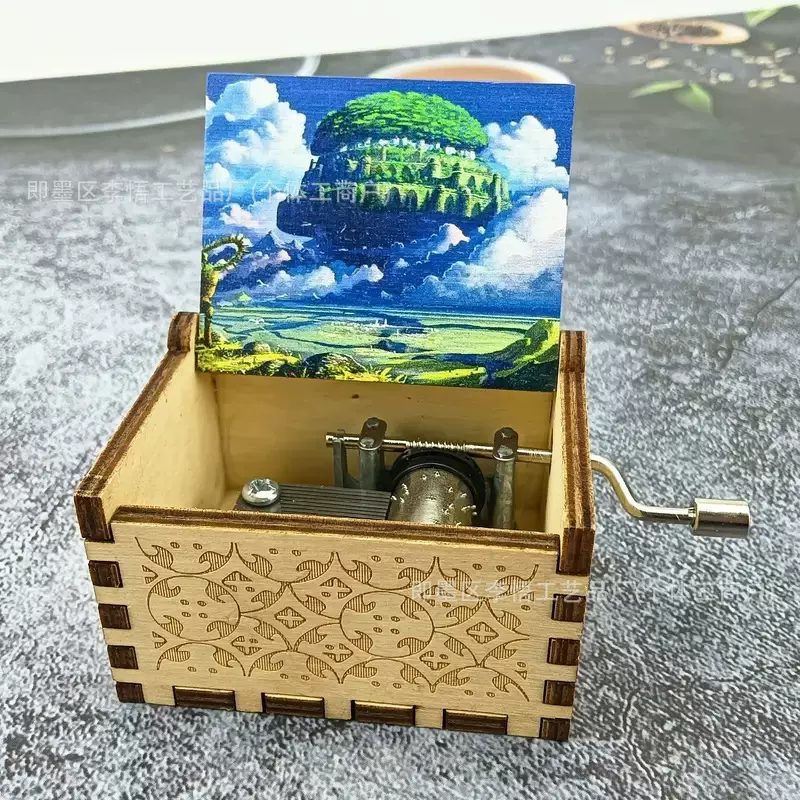 木质手摇八音盒天空之城精美雕刻外贸跨境送礼音乐盒批发星空主题