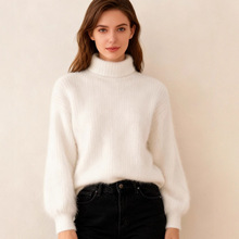 2025春秋冬新款韩版灯笼袖仿貂绒半高领宽松纯色针织衫套头毛衣女