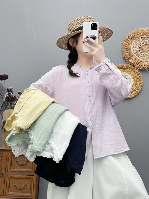 Lace stand-up collar long-sleeve shirt for women, artistic casual pure cotton shirt, double-layer cotton gauze top, slimming and trendy Lace stand-up collar long-sleeve shirt for women, artistic casual pure cotton shirt, double-layer cotton gauze top, slimming and trendy