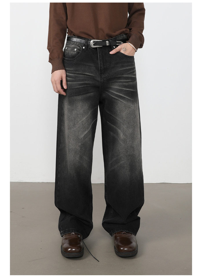 Quần jeans nam ống rộng lưng giữa, dáng suông thoải mái, chất denim washed — màu xanh, màu xanh nhạt, màu xám đen chi tiết 17