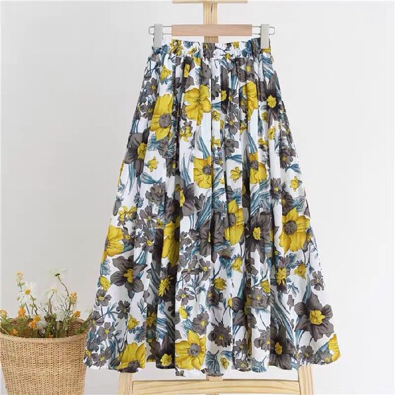 With Cotton 2025 Summer New Printed Skirt Broken Color Umbrella Skirt Large Swing Wave Dot Midi Skirt Women A- line Skirt