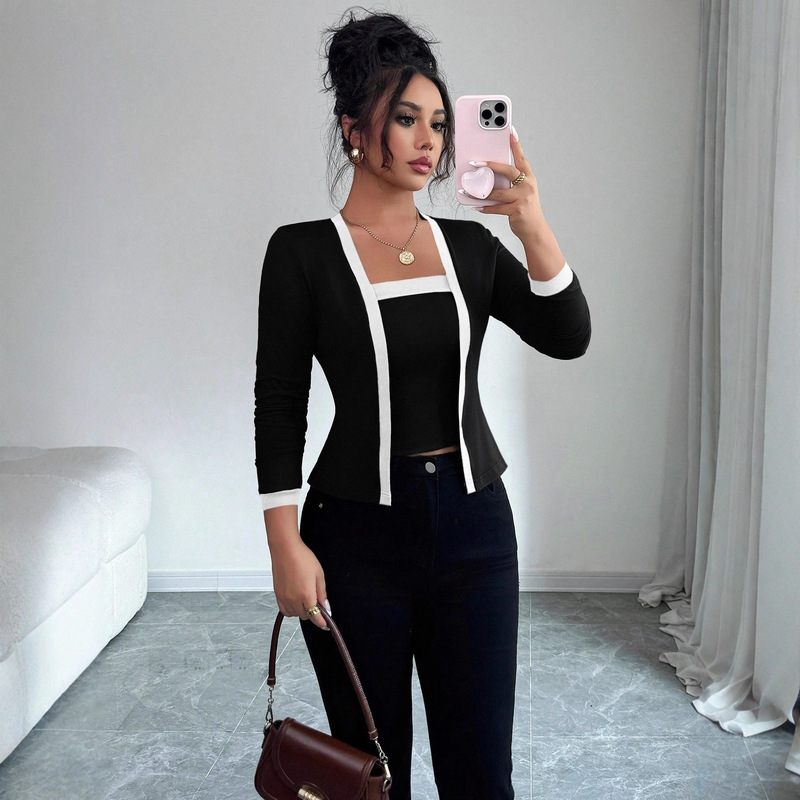 European and American Cross-Border 2026 Spring New Women's Knit Patchwork Elegant Cardigan Jacket and Vest Two-Piece Set European and American Cross-Border 2026 Spring New Women's Knit Patchwork Elegant Cardigan Jacket and Vest Two-Piece Set