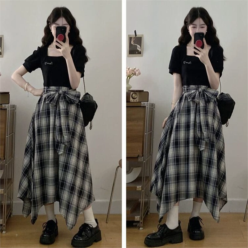 Платье больших размеров с французской клеткой и квадратным вырезом, с короткими рукавами для женщин, летняя длинная юбка из двух частей с талией мм, утягивающая талию