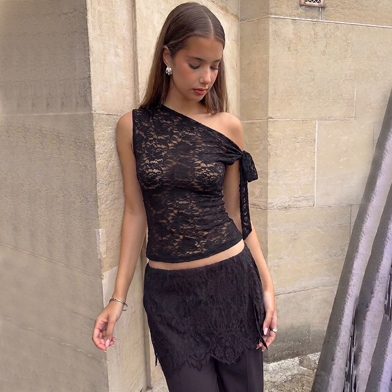 Europe, America 2026 Summer New Fashionable And Sexy Lace Mesh Composite Slim-fitting Semi-transparent Diagonal Neck Lace-up Top_ecoleips.com