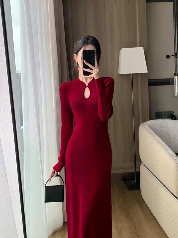 Christmas Improved Cheongsam Button Dress Goddess Style Elegant Temperament Slimming Sweater Base Long Dress Plus Size