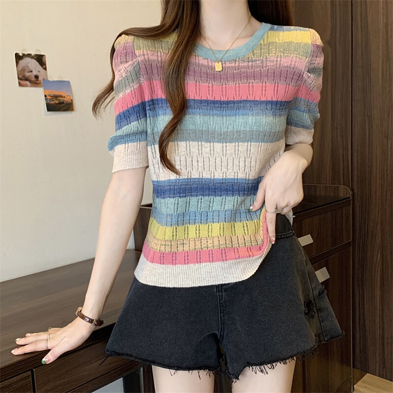 Cross-Border 2025 Summer Rainbow Stripesd Design Contrasting Short-Sleeved Women's Knitwear Round Neck Cut Out T-Shirt Top