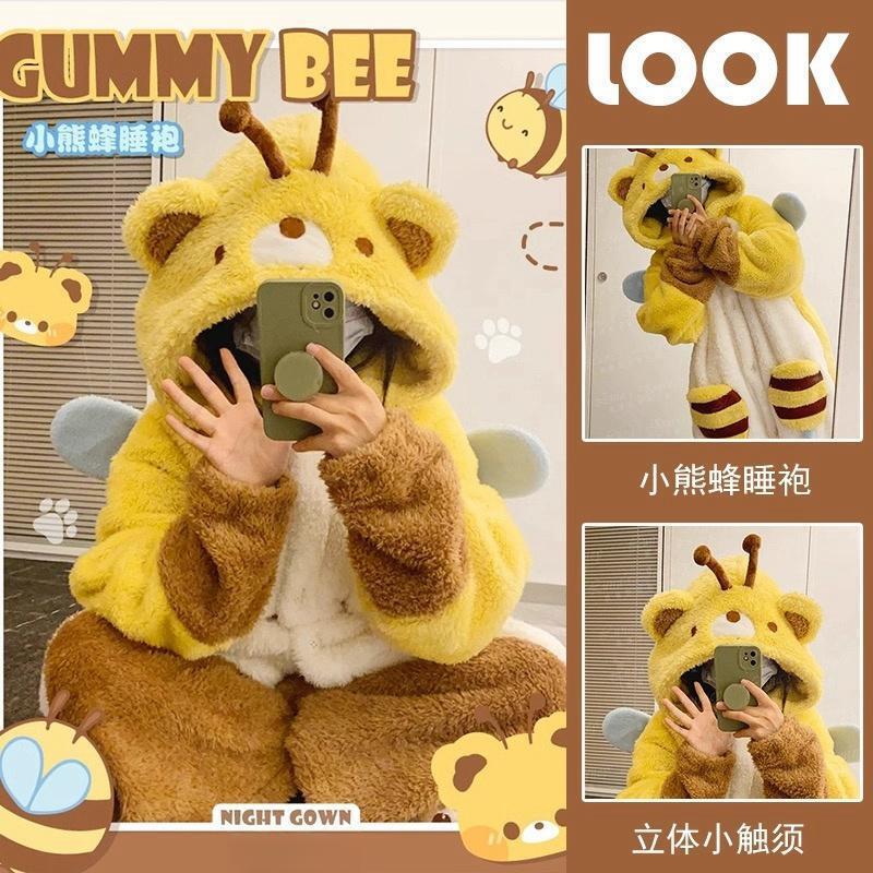 Bee Bear Autumn and Winter New Thickened Nightgown Cartoon Lovable Wind Coral Fleece Pajamas Women's Home Clothes
