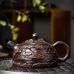 紫陶浮雕單壺龍壺鳳壺石瓢壺球孔過濾大容量紫泥純手工仿古西施壺