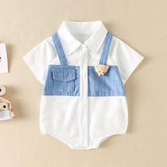 嬰兒衣服夏裝男女寶寶牛仔連體衣超萌短袖包屁衣夏季滿月外出哈衣