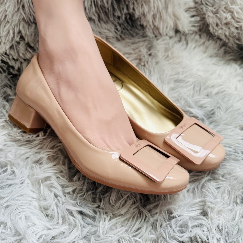 2025 Square-Toe Chunky Heel 3cm Women's French-Style Shoes to Match Skirts, Nude Pink Shallow-Mouthed Shoes with Chunky Heels
