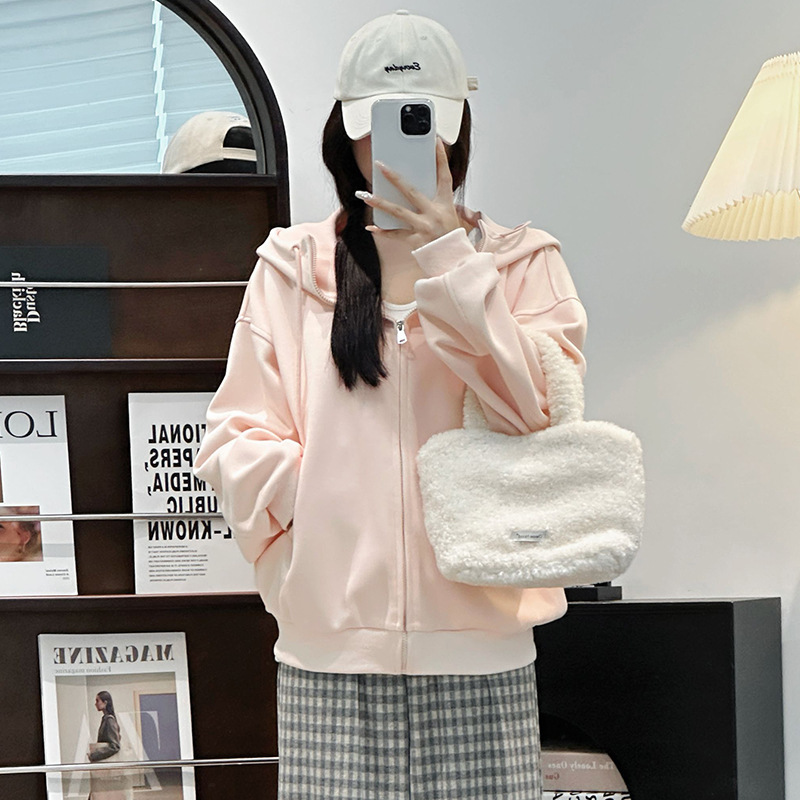 美式浅灰色卫衣女秋季2025新款复古连帽外套宽松慵懒百搭开衫上衣|undefined