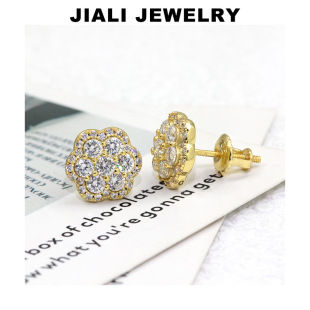 S925 Sterling Silver Mosan Diamond Unisex Earrings Full Diamond Flower Neutral Hip-Hop Rap Fashion Earrings