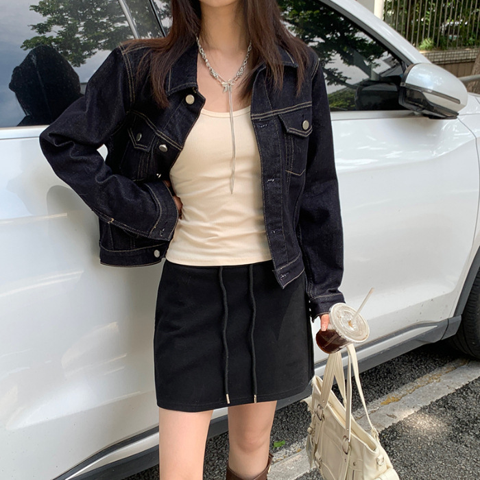 铭海秋冬美式复古原牛色短款夹克百搭修身牛仔长袖外套女新款上衣|undefined