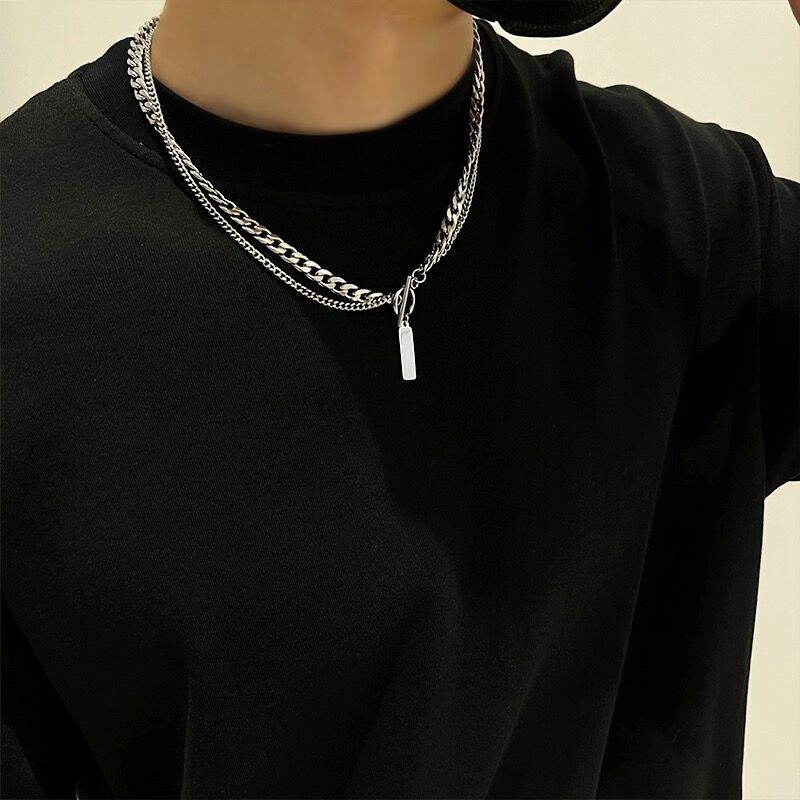 简约高级感双层OT扣项链男女钛钢古巴链条锁骨链小众百搭颈链配饰